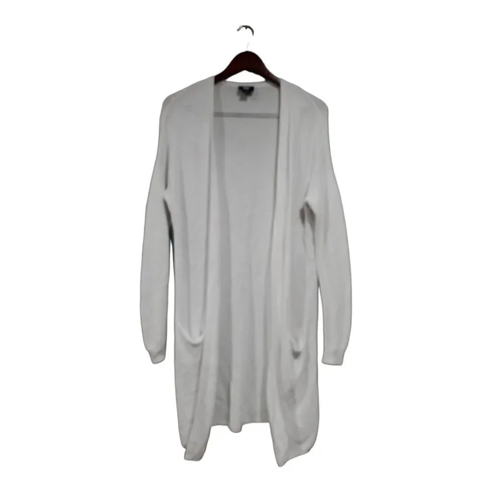 W By Worth Women's Ribbed Open Front Long Sleeve Cardigan Sweater White Pocket S